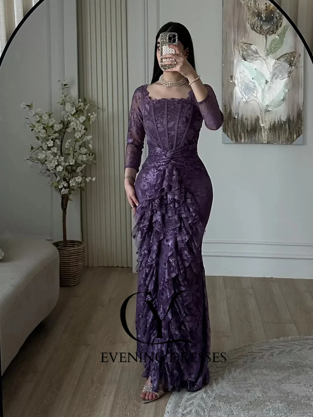 CUYUN パープルレース サウジアラビア風イブニングドレス スクエアカラー 長袖 フリル付き シースドレス パーティードレス フォーマルイベント用 カスタムメイドドレス