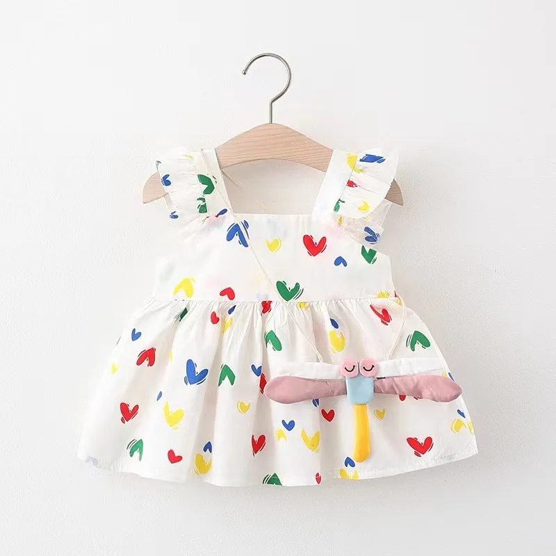 A 2-Piece Set Of Summer New Girls\' Small Flying Sleeves Printed Casual Dress+Bag Suitable For Babies Aged 0-2 Years Old