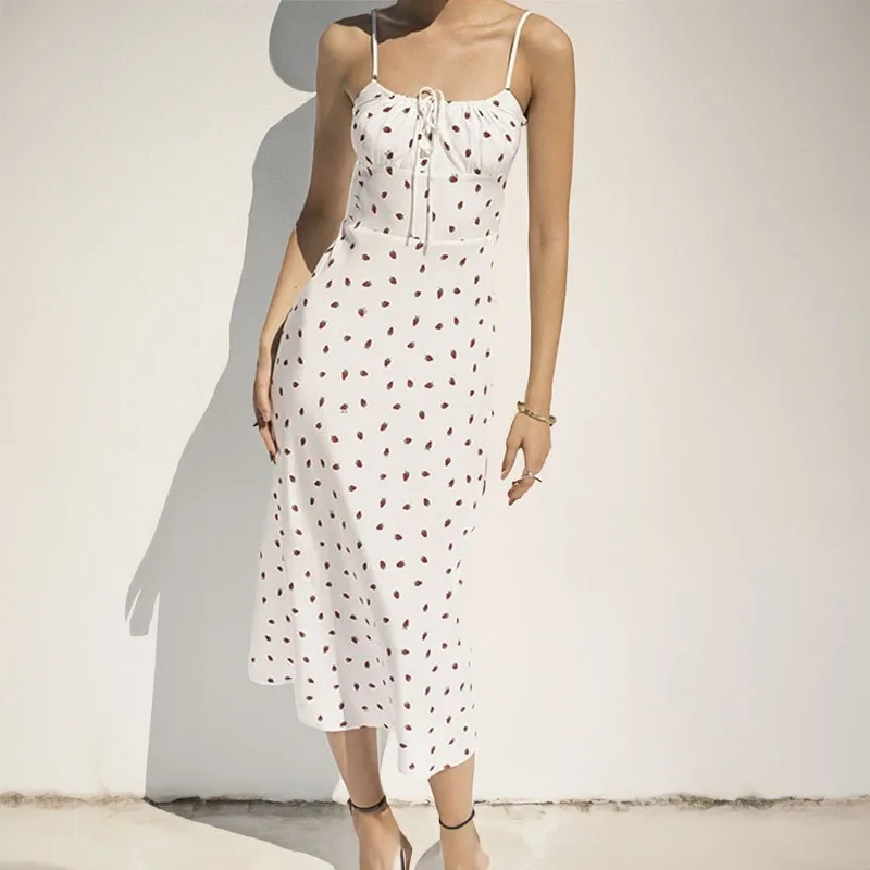 Cottagecore Strawberry Print Cami Dress Tie Front Smocked Back Spaghetti Strap Midi Dress Summer Women Teen-girls Outfit