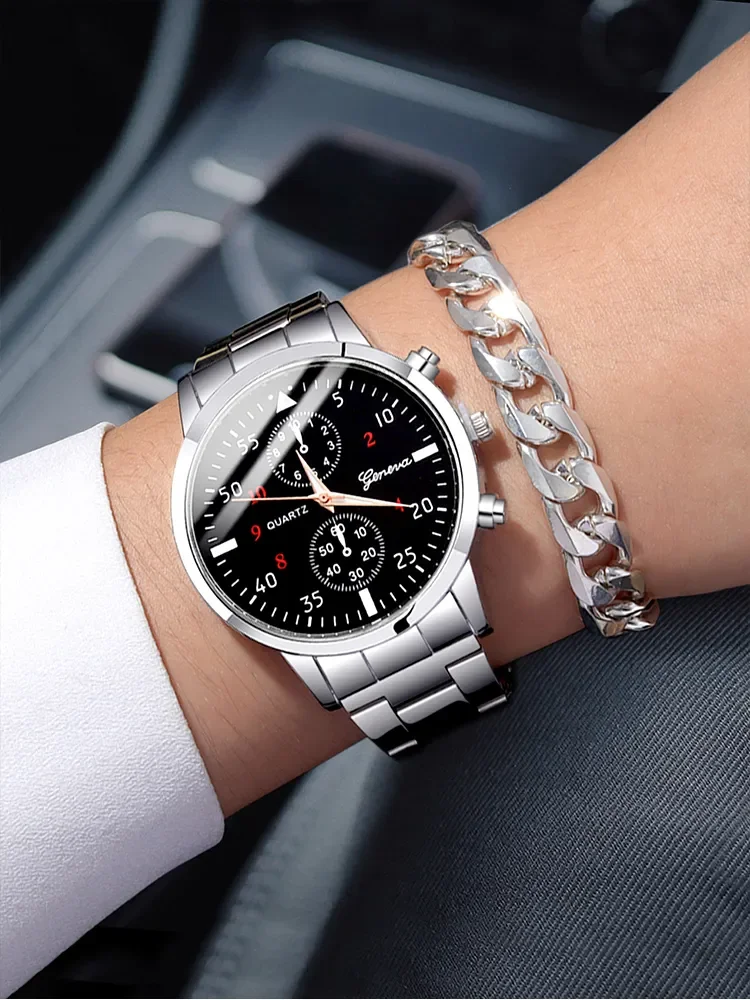 2PCs Fashion Business Casual Men\'s Silver Round Steel Band Quartz Watch+Personalized Chain Bracelet Set