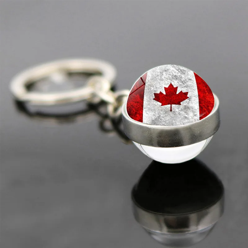 Canadian Maple Leaf Element Key Chain Pendant Maple Leaf Flag Double-sided Glass Ball Key Chain for Family and Friends