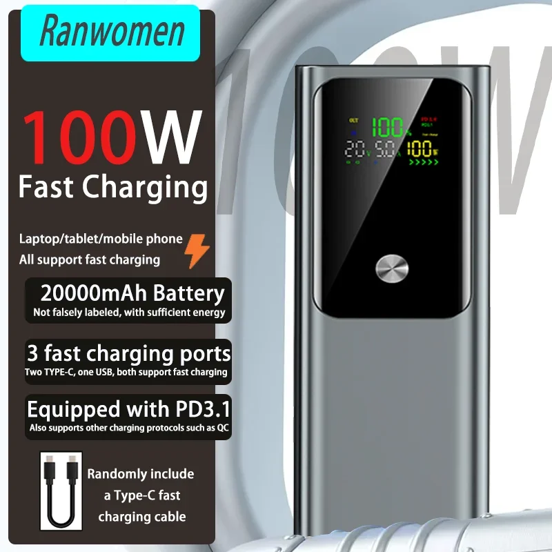 100W Powerbank PD3.1 20000mAh QC Fast Charging LED Screen Portable Bidirectional Charge For Tablet Laptop Phone Xiaomi Samsung