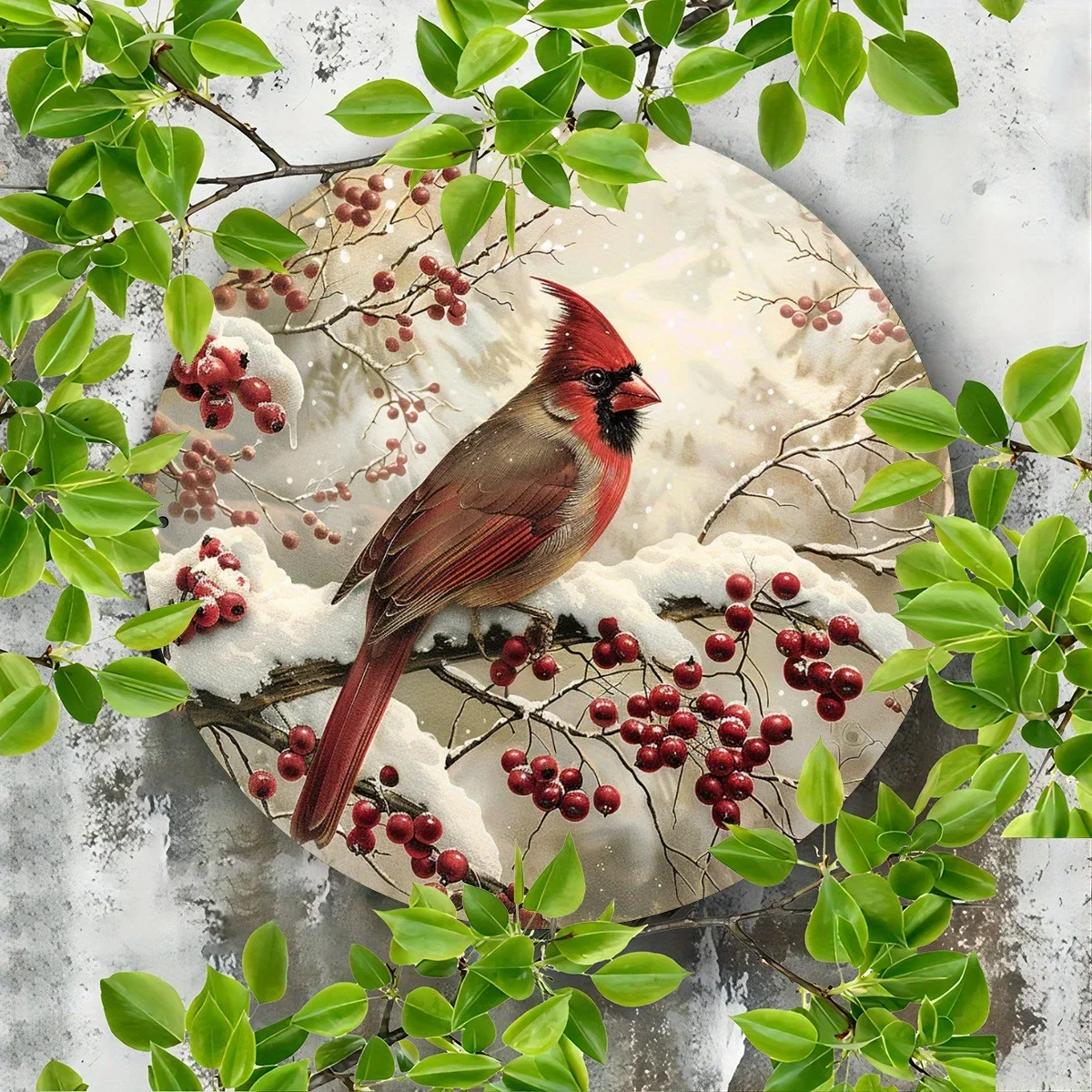 Winter Red Cardinal with Snowy Berries Round Metal Sign, 2D Flat Printed Christmas Bird Art Tin Plaque, Vintage Style Festive Ho