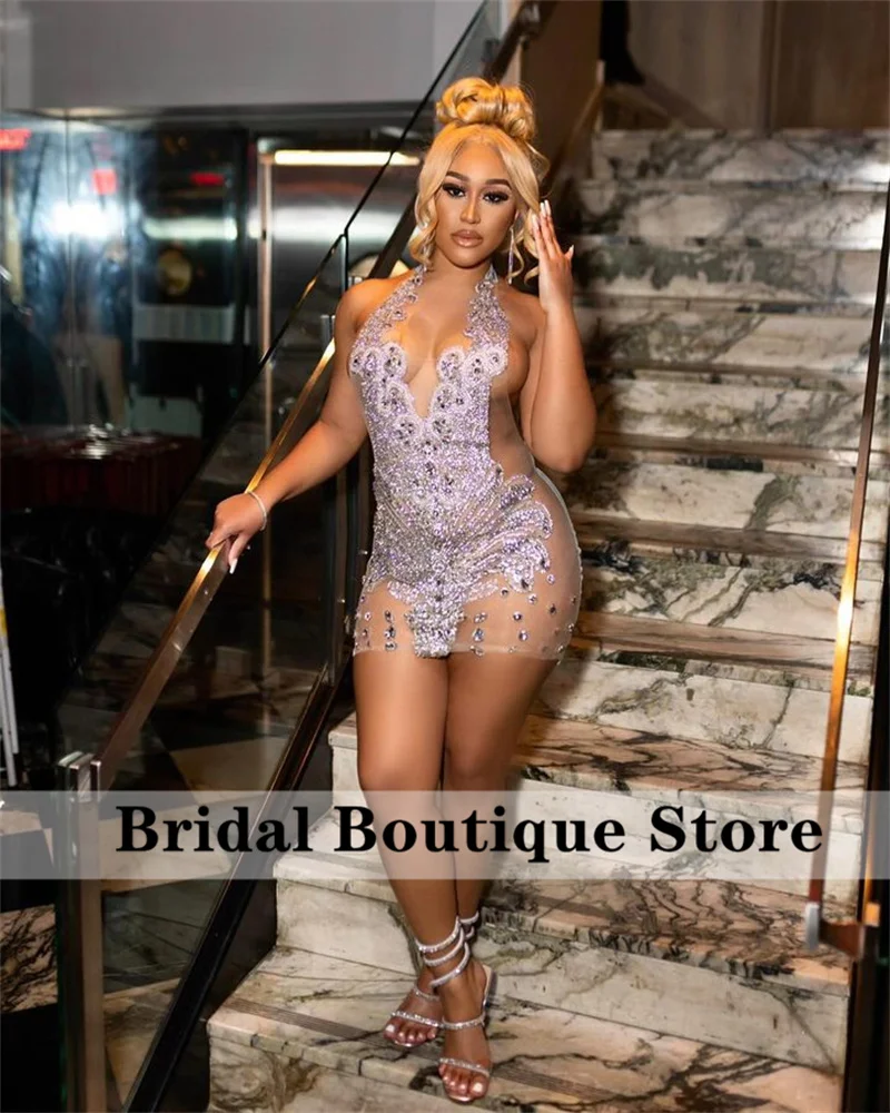 Sexy Sparkly Diamonds Short Prom Dress 2024 Glitter Crystals Rhinestone Beads Homecoming Birthday Party Dress Robe Customized