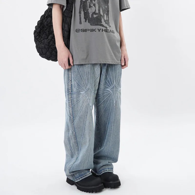 HKSH Spring Autumn Men Tide American High Street Spider Web Embroidered Jeans Hip Hop Trendy Straight  Vibe Denim Pants HK17268
