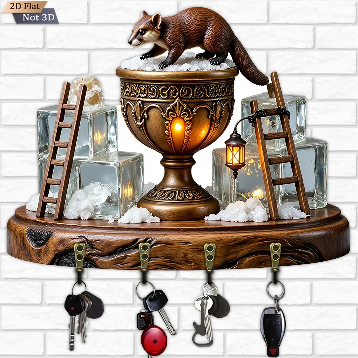 2D Flat, 1pc, Ferret Retro Ice And Snow Key Hook Wooden Multifunctional Home Key Rack with Four Metal Hooks, Wall Decoration,