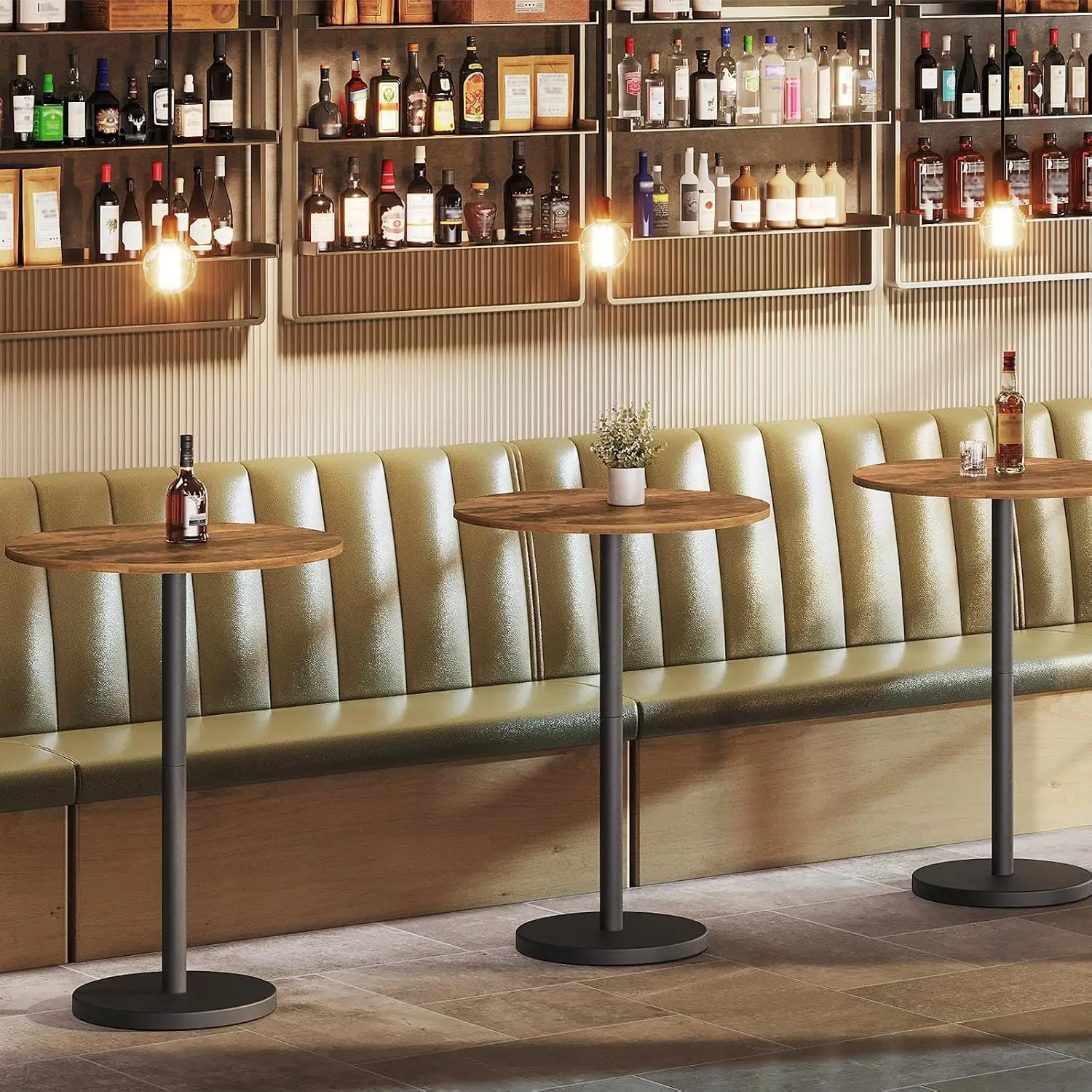 Bar Table, Round Bar Table Set of 2, Counter Height Table, Pub Cocktail Table, Metal Frame, for Bistro, Dining Room, Living Room, Terrace, Rustic Brown and Black
