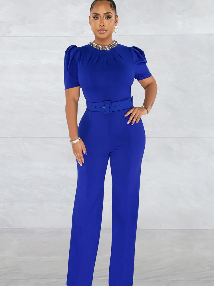 

RLMABABY Solid Women Metal Chain Neck Belt Bodycon Jumpsuit Elegant Zipper Short Sleeve Sashes Streetsetter Slim Romper Jumpsuit