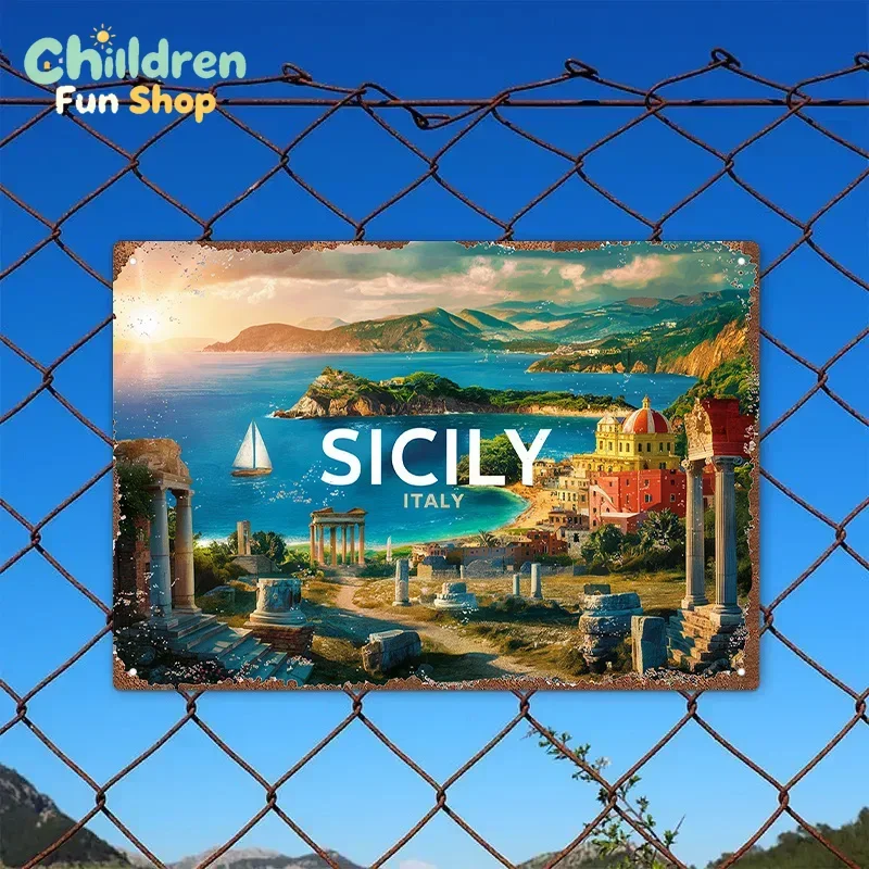 Vintage-Style Sicily Italy Iron Wall Art Sign – Ancient Ruins & Coastal Views,  , Scenic Landscape Decor for Home, Office, or