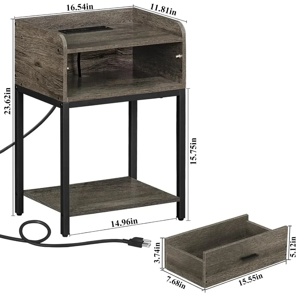 Nachtkastje 3-Tier Kleine Zijtafel Met Laadstation En USB-Poorten Opslaglade