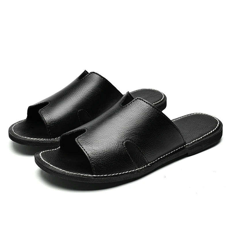 Summer Men'S New Two-Layer Leather Upper Slippers Classic Handmade Fashion Casual Flat Shoes Suitable For Daily Home Wear