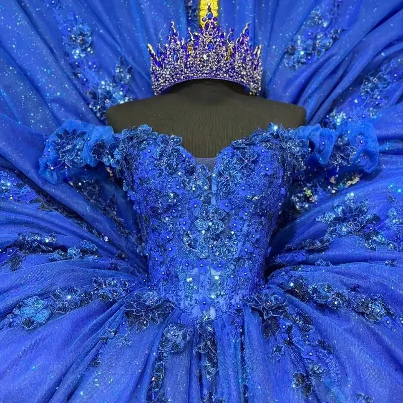 Royal Blue Shiny Quinceanera Dresses Ball Gown Off Shoulder 3D Floral Applique Lace Beading Tull Sweet 16 Dress Vestidos De XV