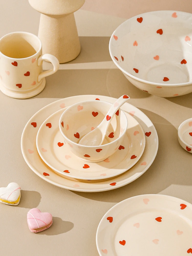 Ceramic Dinnerware Sets Cute Sweet Heart Printed Dishes French Kawaii Style Charger Plate Under Glazed Plates Dinner Sets Bowls