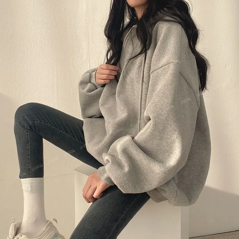 Kawaii Big Pocket Drawstring Hoodies Women Spring Autumn Loose Half Zipper Pullover Woman Street Solid Color Long Sleeve Hoodies