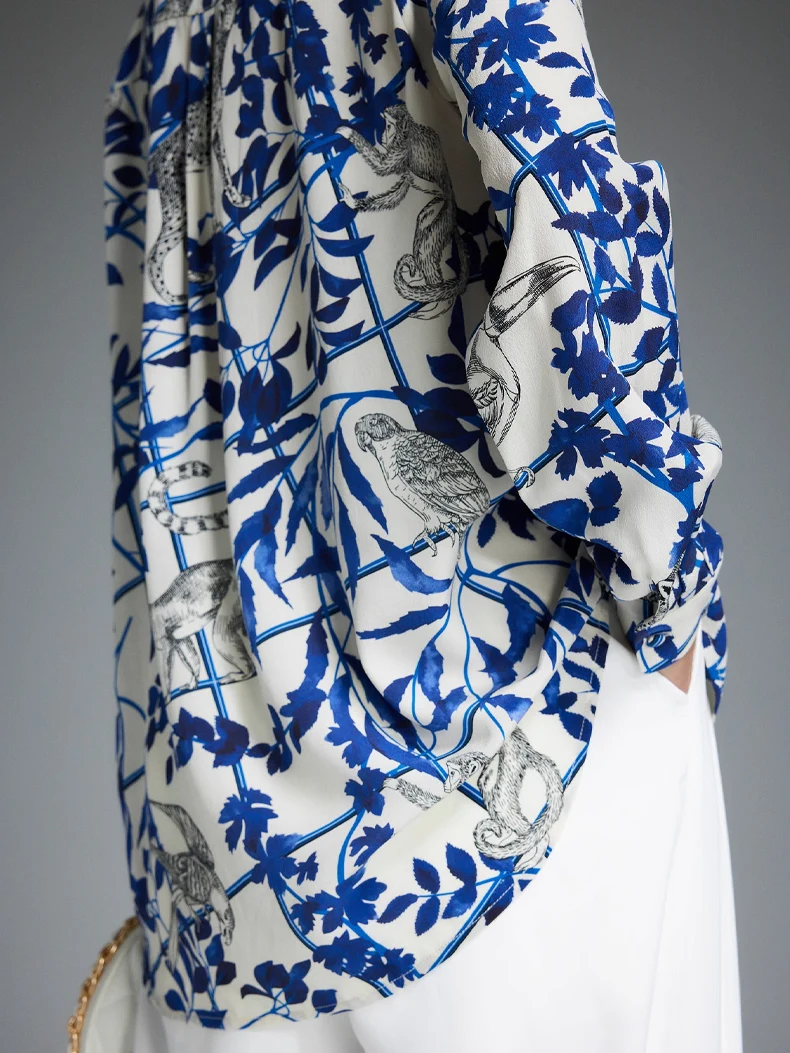 SuyaDream, Woman Blue Floral Shirts, 100%Silk Crepe de chine, Turn Down Collar, Printed Blouses, 2024 Spring Summer Top