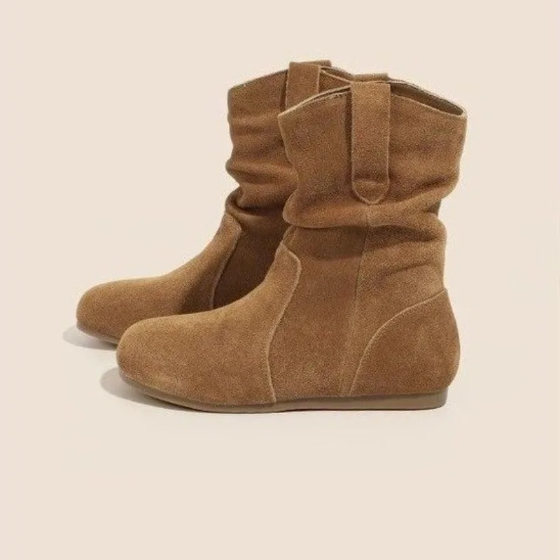 2025 الخريف/الشتاء جديد الكورية أحذية بوت قصيرة المرأة رئيس مستدير الجلد المدبوغ شقة أحذية الموضة ركاب تنوعا Boken كومة الأحذية