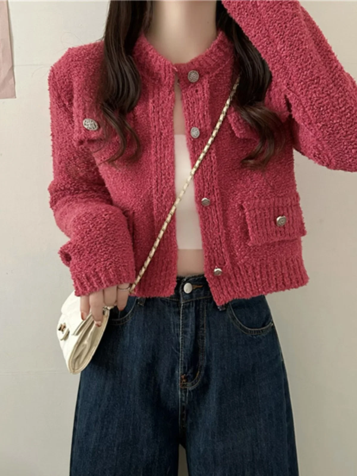 Rose Red Classic Sle Knitting Cardigan Women's Early Autumn Wear Short High Waist Dalang Sweater Outwear Petite Top