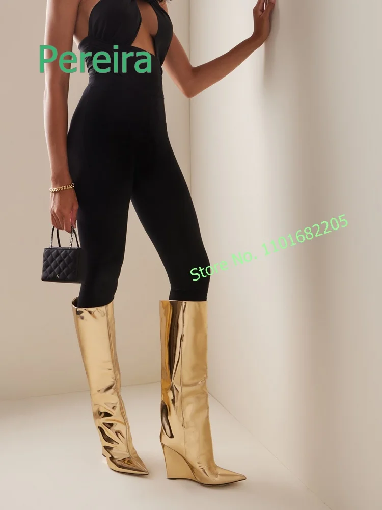 

Women's Gold Wedge Knee Boots Winter Golden Solid New Arrival Pointed Toe Slip-on Party Fashion Luxury Shoes For Footwear