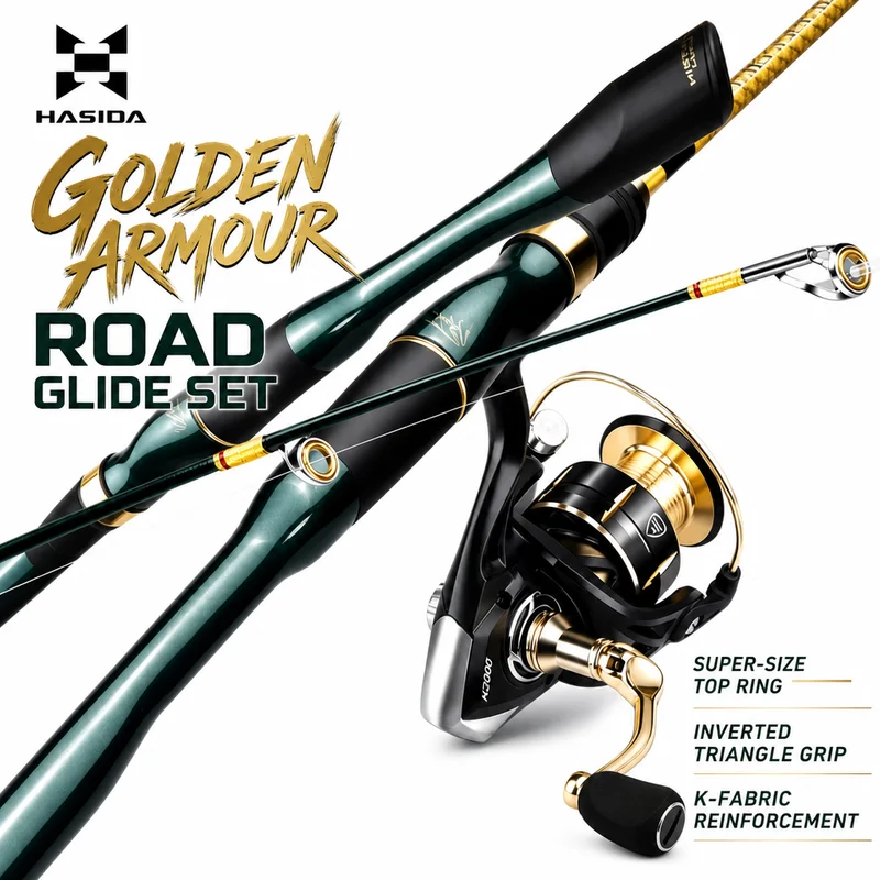 New HASIDA Golden Armor Slip Drift Lure Rod Spinning Reel Set Triangular Handle Large Guide Ring Long Casting Fishing Anglers