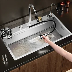 Multifunction Brushed Nano Kitchen Sink Waterfall Faucet Large Single Bowl Cup Washer Pure Tap Soap Dispenser Stainless Steel