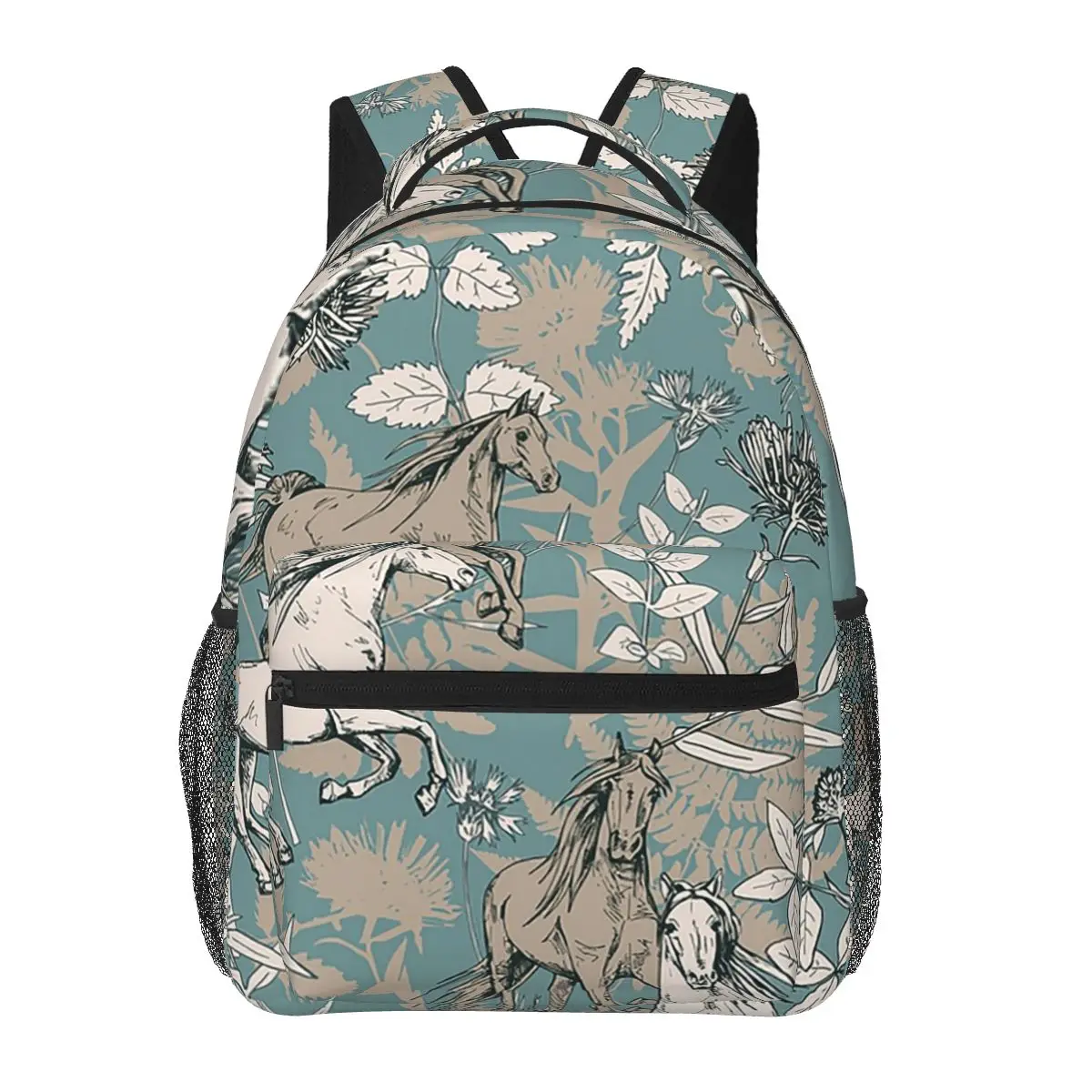 Equestrian Pastel Floral And Horse Student Backpack School Bag Hiking Travel Daypack for Boys Girls Bookbag Shoulder Bags