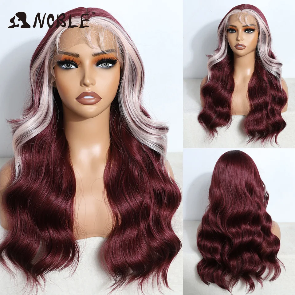 Noble Synthetic Lace Front Wig 22 Inch Wine Red Wig Easy Wear White Body Wavy Lace Wig For Women Wig Ombre Blonde Cosplay Wig