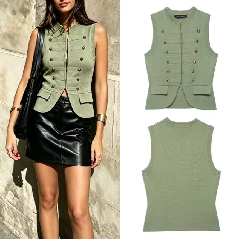 2026 Sommer Damen Grüne Strickweste im Militärstil mit Goldknöpfen Ärmellose Elegante Büro-Weste Modische Camisole für Frauen