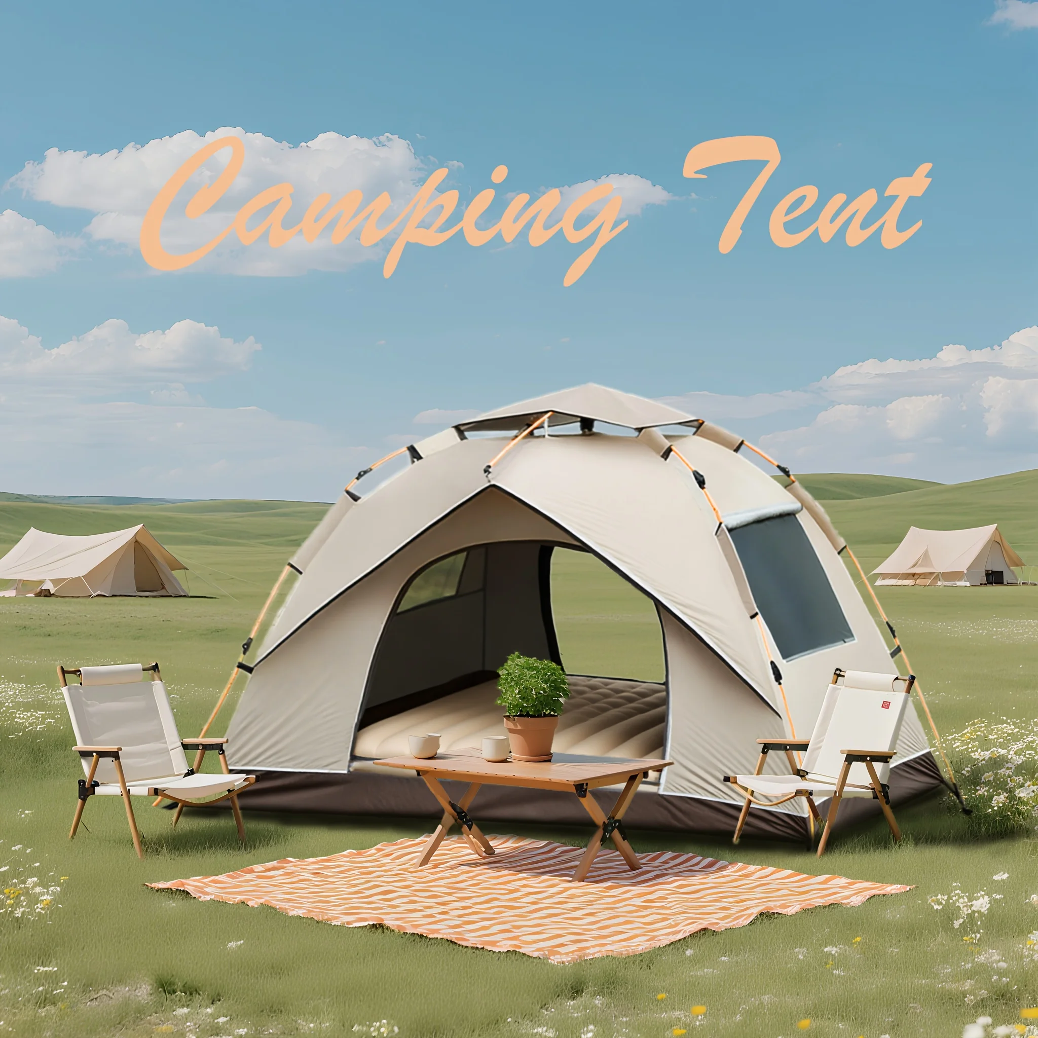 

Multi-Person Pop-Up Tent with Fiberglass Poles, Square Oxford Cloth Camping Shelter, Quick Setup in 3 Seconds, All-Season High Quality Zippered Opening for Hiking, Travel, and Beach