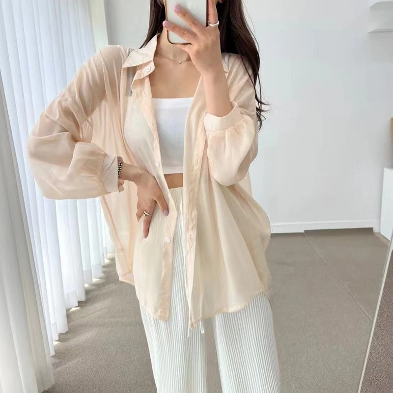 Summer New Thin Chiffon Shirt Tops Long Sleeve Polo Neck Solid Color Loose Blouse Korean Casual Fashion Women Clothing