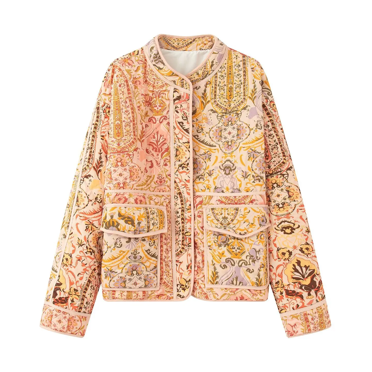 

Fashion Printed Cotton Coat Women With Pocket Stand Collar Single Breasted Outerwear 2025 New Autumn Casual Loose Retro Coats