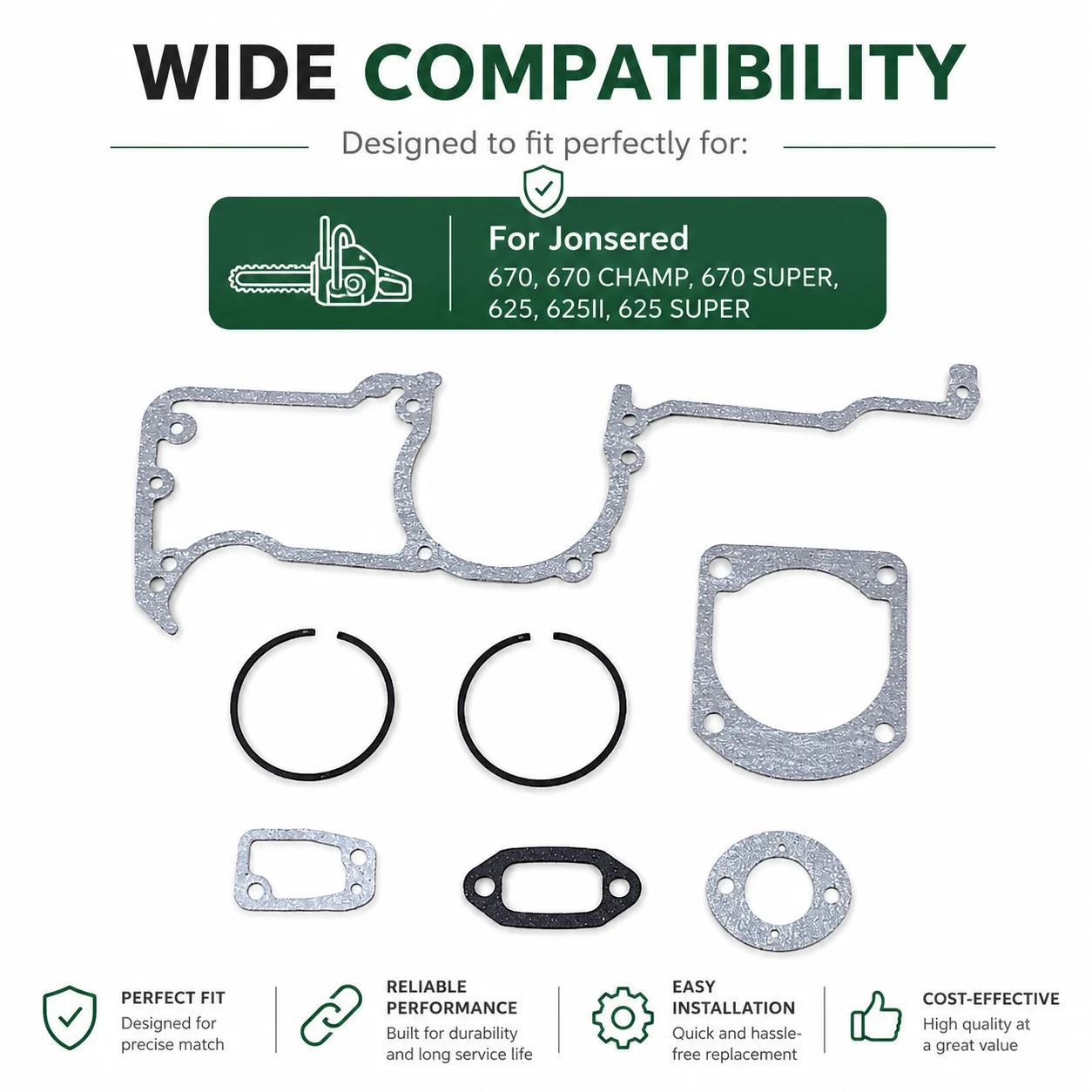 50mm Cylinder Crankcase Gasket Kit Piston Ring Carb Intake Muffler For Jonsered 670/670CHAMP/670SUPER/625/625II/625SUPER Saw