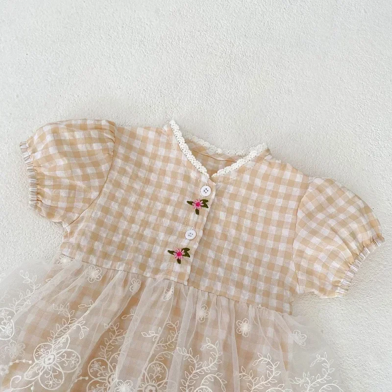 Cute Baby Girl Romper 0-2Years Newborn Princess Short Sleeve Mesh Skirted Plaid Bodysuit Cotton One-Pieces Outfit Summer Clothes