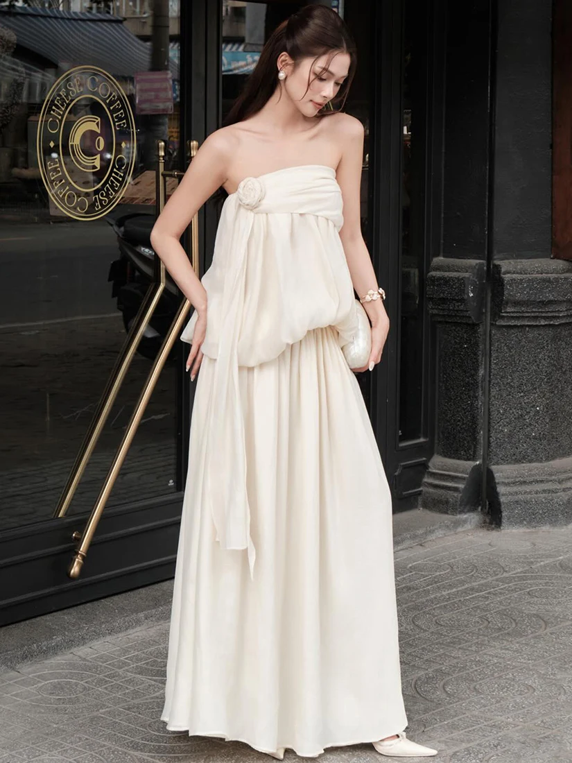 Robe longue française élégante pour femme, en polyester, sans manches, décorée de fleurs romantiques à la lumière de la lune, style princesse