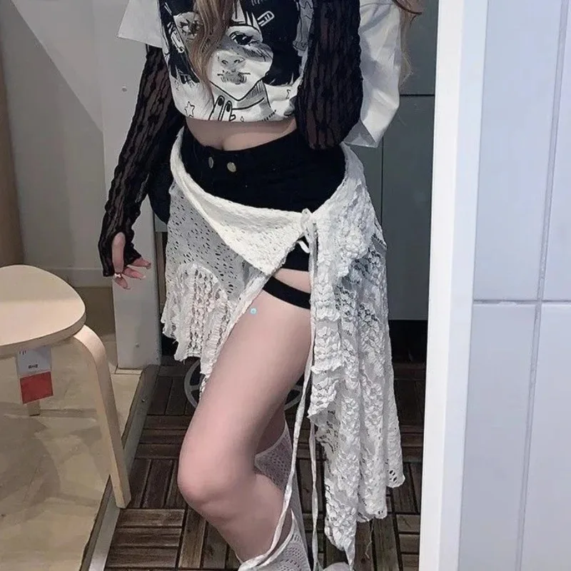 

Skirts Women Solid Hollow Out Chic Lace-up Design Streetwear Daily Sweet Spicy Girls Layering Trendy Harajuku Popular Summer