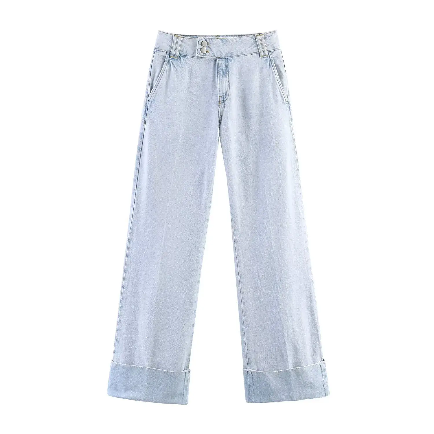 JNLEAOG Summer New Women's Fashion Straight Low Waist Cuffed Jeans Low Waist Polyester Casual Trousers for Ladies