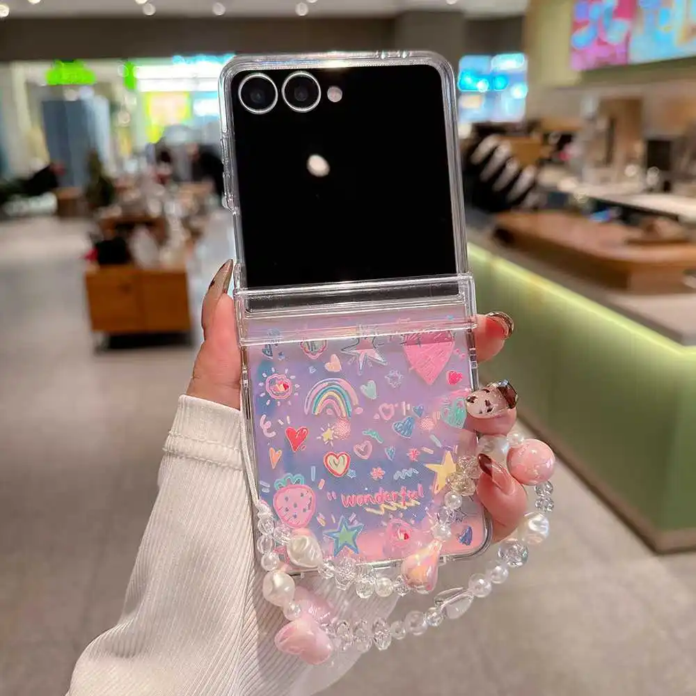 لسامسونج ZFlip 7 fe 6 5 حالة الصيف زهرة الفراولة الحب قوس قزح الديكور طوي غطاء الهاتف مع حبة ملونة الحبل #3