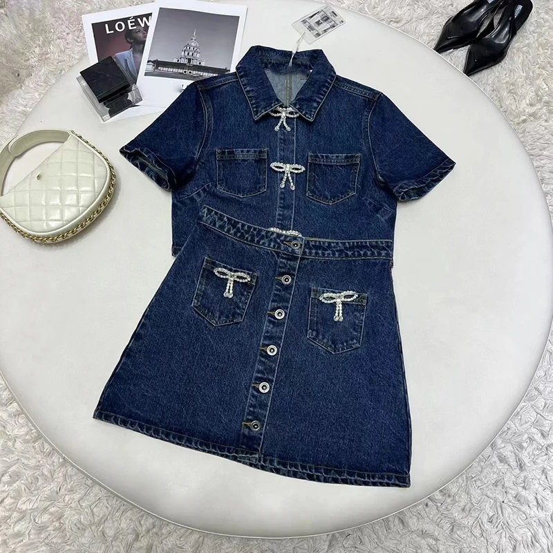 Bow Tie Embellished Women\'s Denim Suit, Crystal Drill Button Short Sleeve Top, Cotton Half-body Skirt, 2024, Summer, New Y2K