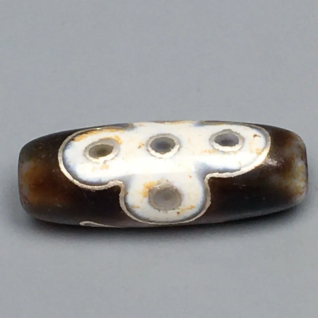 Tibetan Old Agate Dzi Inlaid Silver Wire 5 Eyes Lightning Bead Amulet S0528