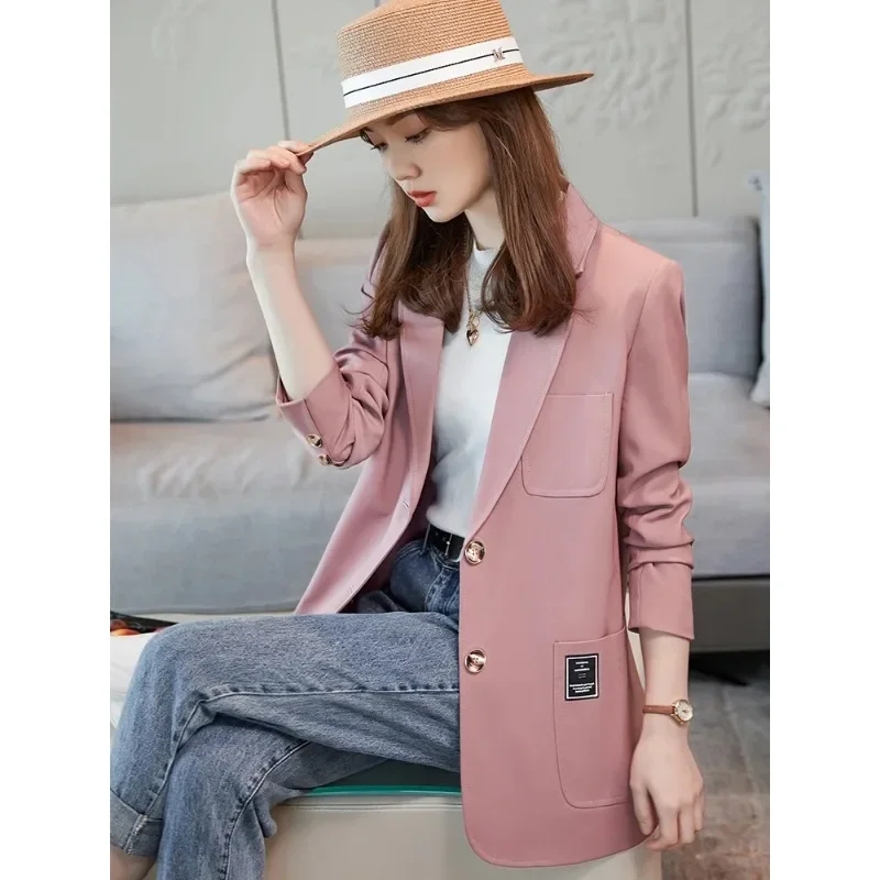 Blazer feminino casual de manga comprida, peito único, jaqueta solta para senhoras do escritório, roupa de trabalho, preto, rosa, cáqui