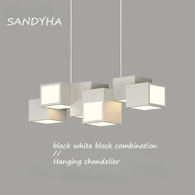 

SANDYHA Modern Minimalist Restaurant Pendant Lights Black White Block Combination Chandelier for Living Room Bedroom Decoration