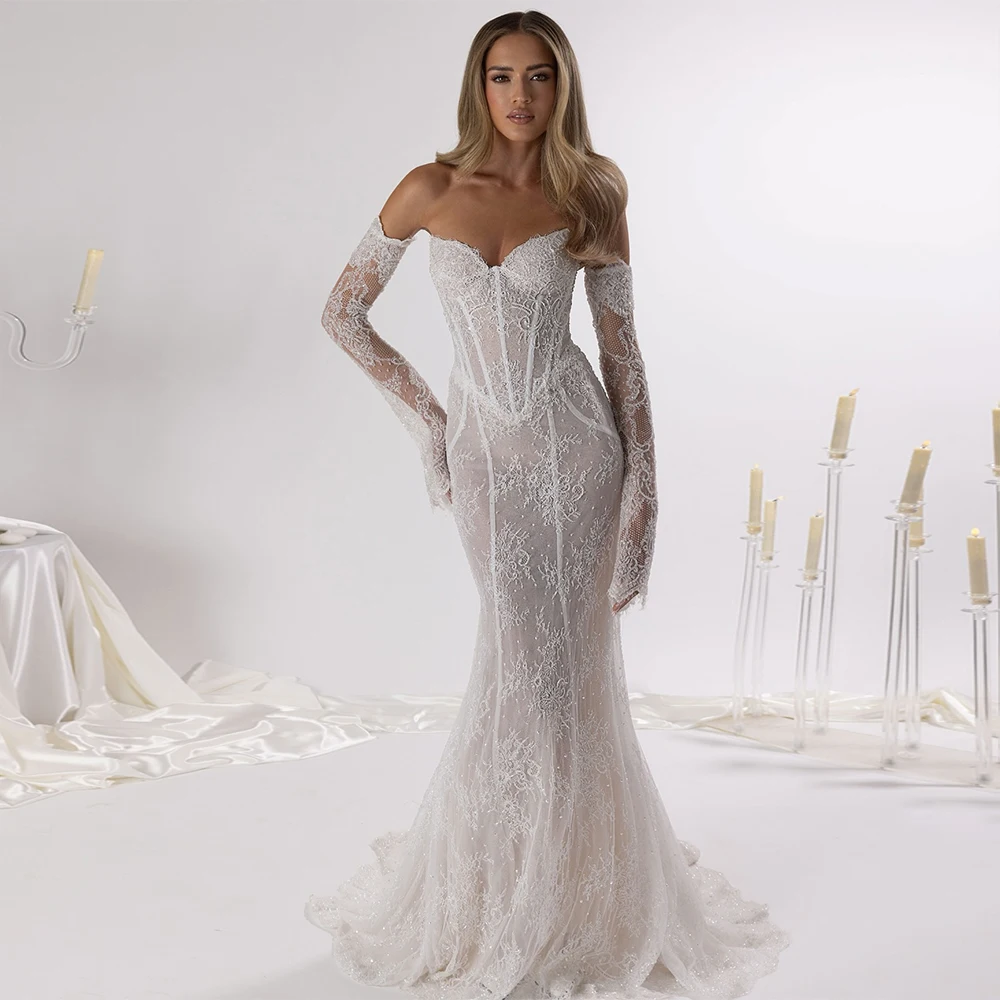 

Индивидуальные свадебные платья-русалки с кружевом, вырезом «сердечко», отстегивающимися длинными рукавами, фасон «труба», роскошные свадебные платья для женщин 2026