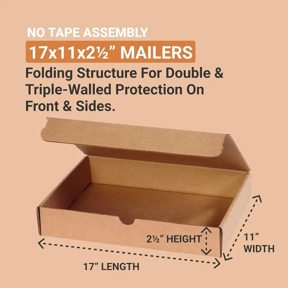 25-Count Medium Foldable Cardboard Shipping Boxes, 17x11x2.5 Inches, Crush-Resistant for Packing and Storage