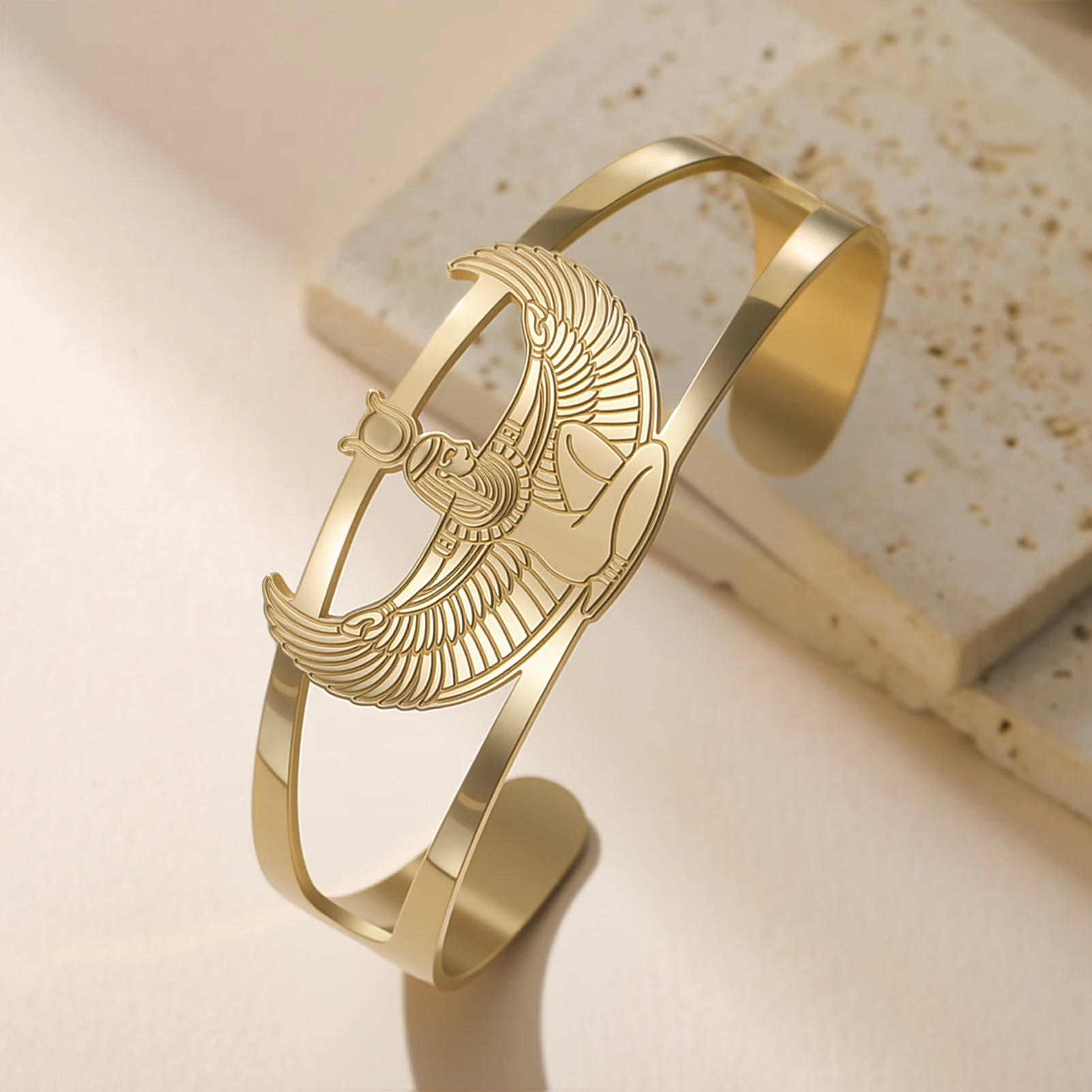 VASSAGO Egyptian Goddess Bracelet for Women Men Winged Goddess Isis Cuff Bangle Bracelet Stainless Steel Ancient Egypt Jewelry