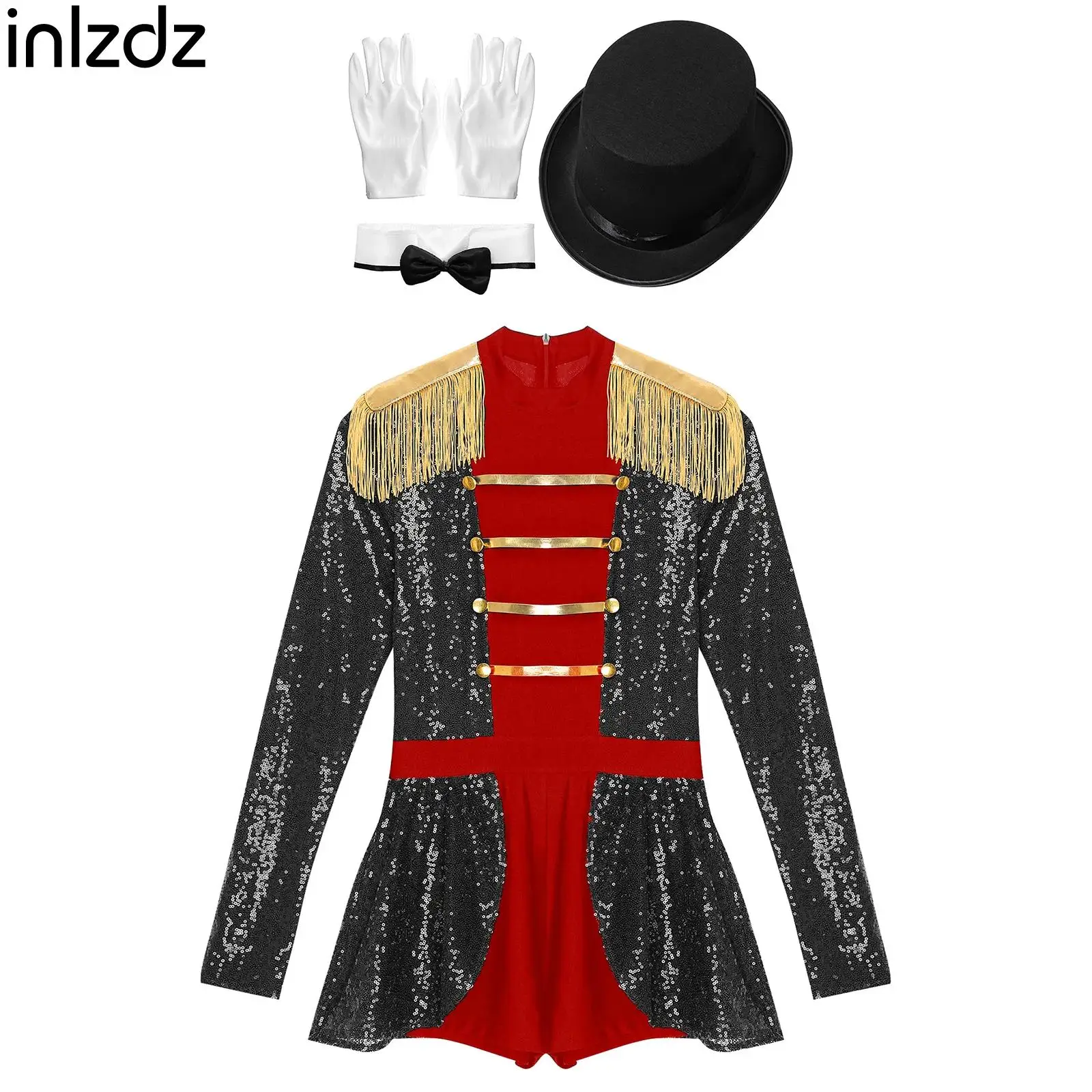 

Womens Sequin Circus Ringmaster Bodysuit Top Hat Bow Fake Collar White Gloves 4-Piece Set for Halloween Carnival Magician Party