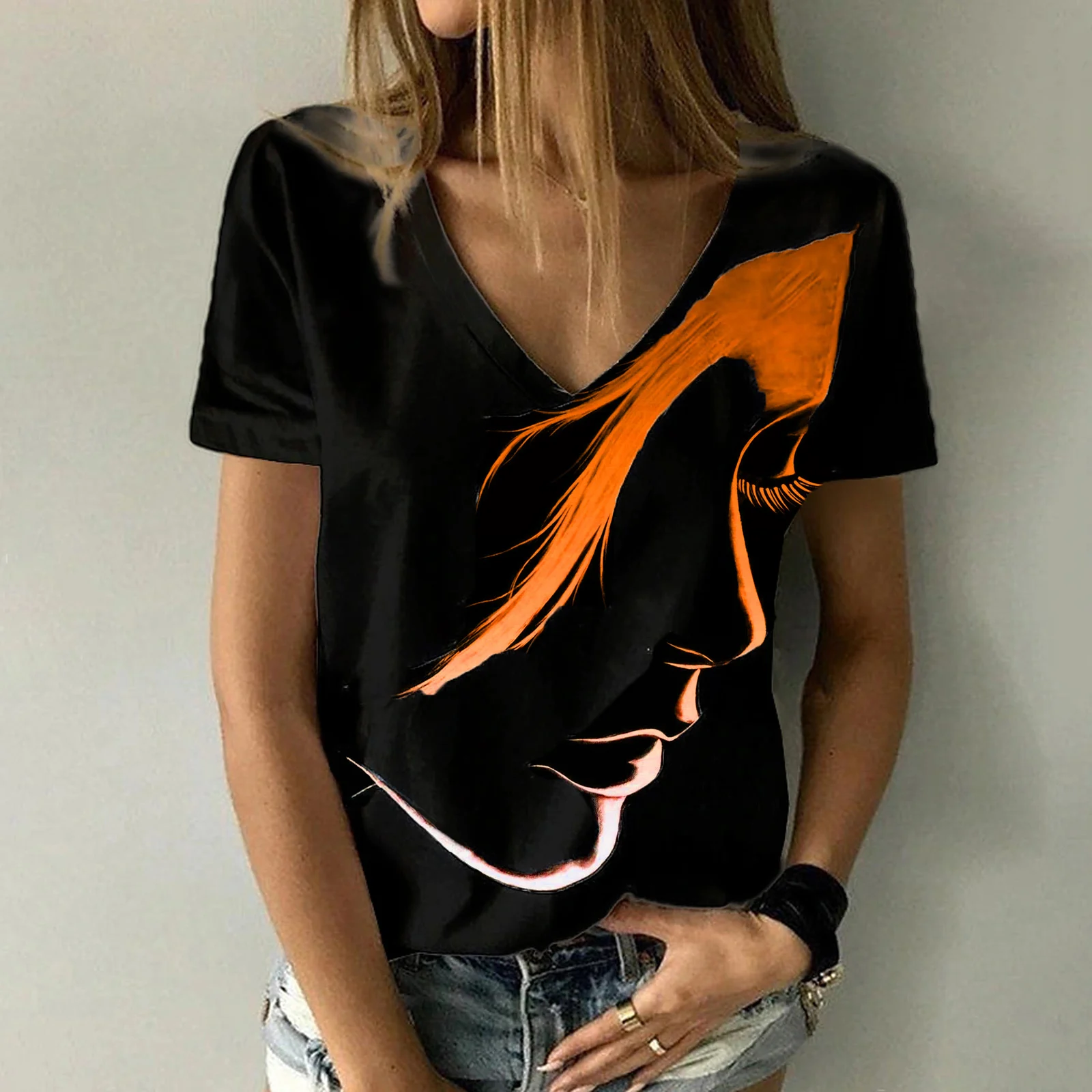 T-Shirt manches courtes col en v femme, Streetwear Sexy, à la mode, avec Portrait abstrait imprimé en 3D