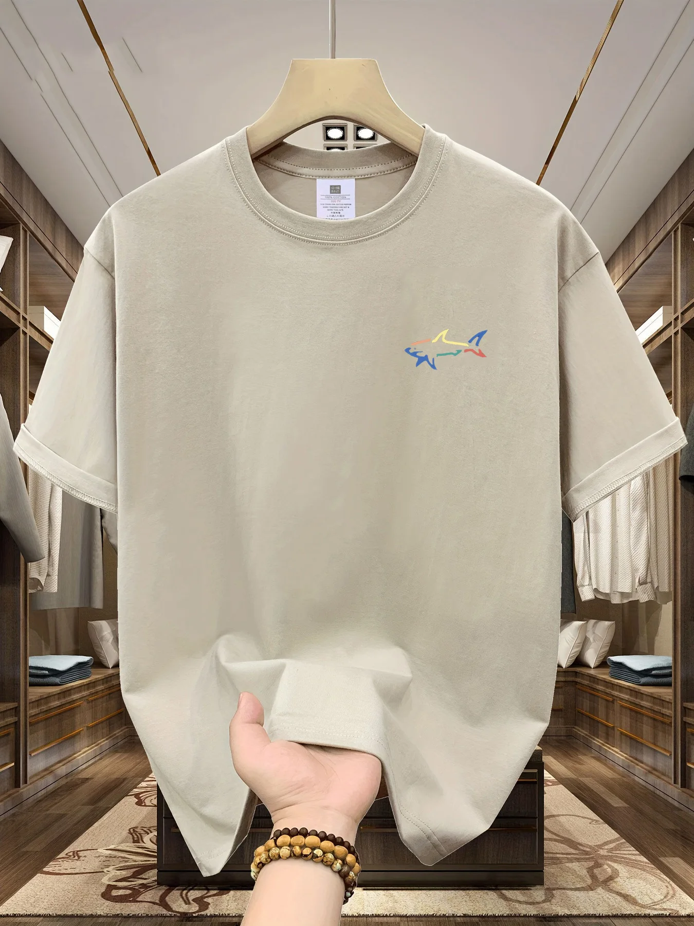 Men's summer 100 cotton fashionable casual loose plus size shark pattern printed sports round neck short sleeved T-shirt top image 3