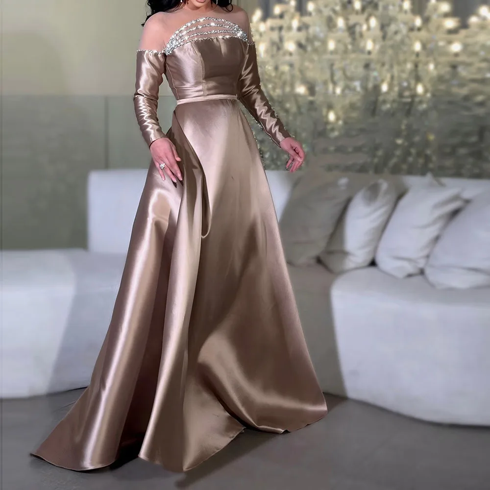 

Customized A-line Evening Dresses Floor-length O-neck Full Sleeve Prom Gown Fashion Crystal Simple Draped Exquisite Party Gown