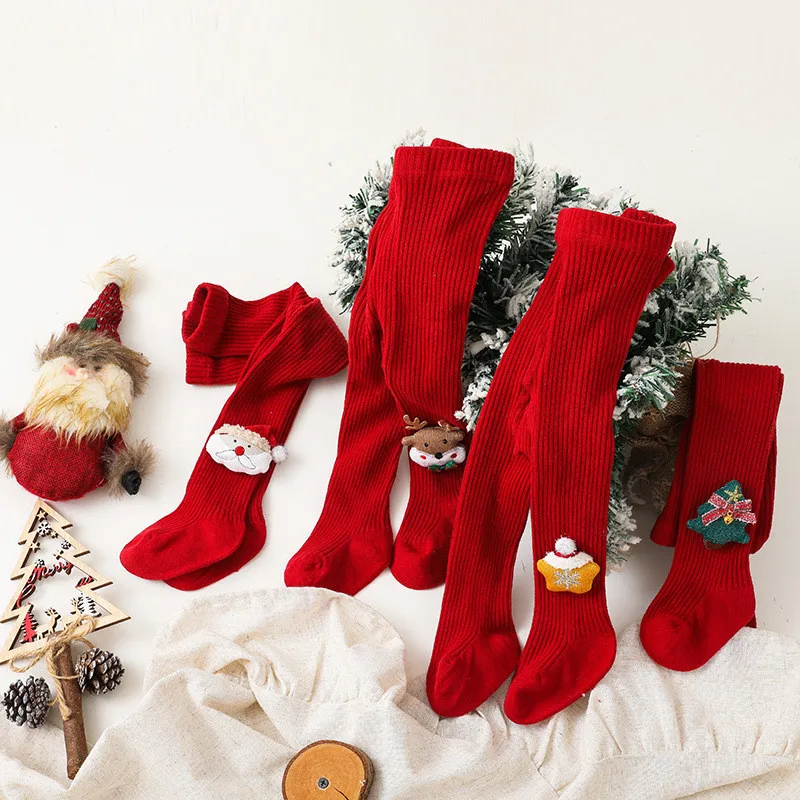 Medias de dibujos animados de Navidad para niños y niñas, mallas de algodón suave, pantimedias Rojas, regalos de Año Nuevo, 0-6 años