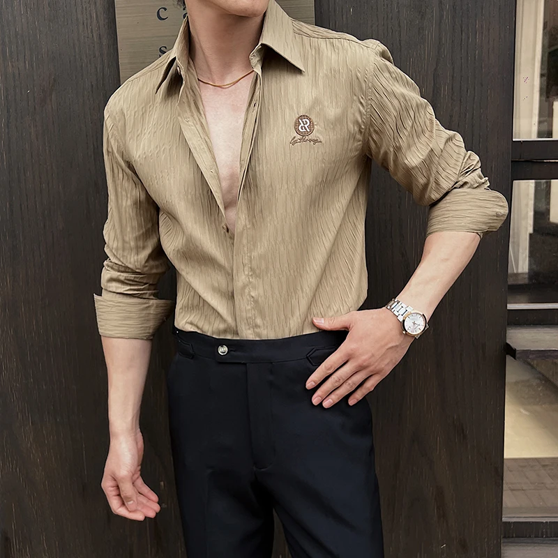 Luxury Men Jacquard Shirts Long Sleeve Embroidery Logo All Season Versatile Men's Shirt Fashion Simple Slim Business Blouse Men