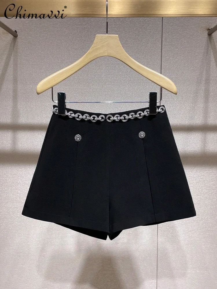 

French Elegant Commuter High Waist Diamond Chain Fashion Versatile Black A-line Wide Leg Short Pants Women Mini Shorts Autumn